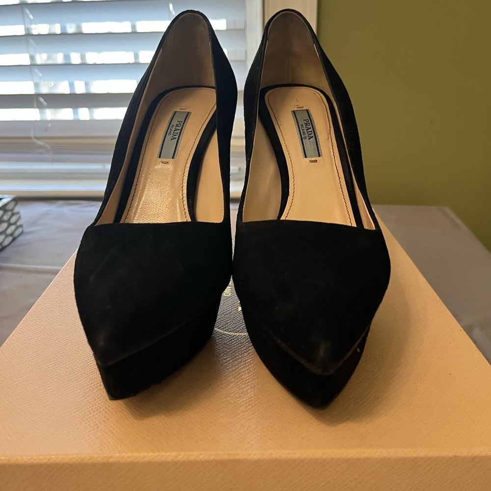 Prada Size 39 1/2 Calzature Donna Black Suede Platform Women's Heels